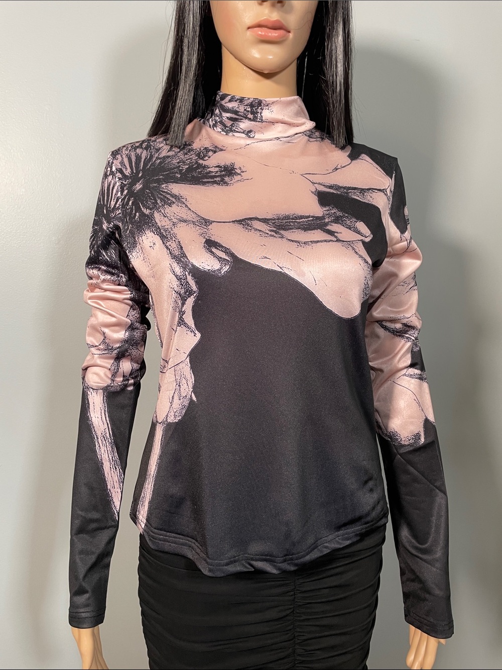 Fashion Nova Pink and Black Abstract Mock Neck Long Sleeve Top